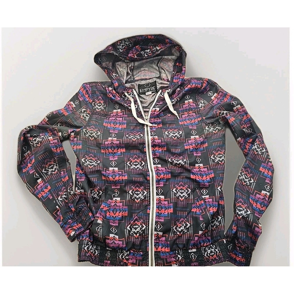 Empyre‎ Windbreaker Womens Jacket Southwestern Aztec Zip Up Black Medium Hooded